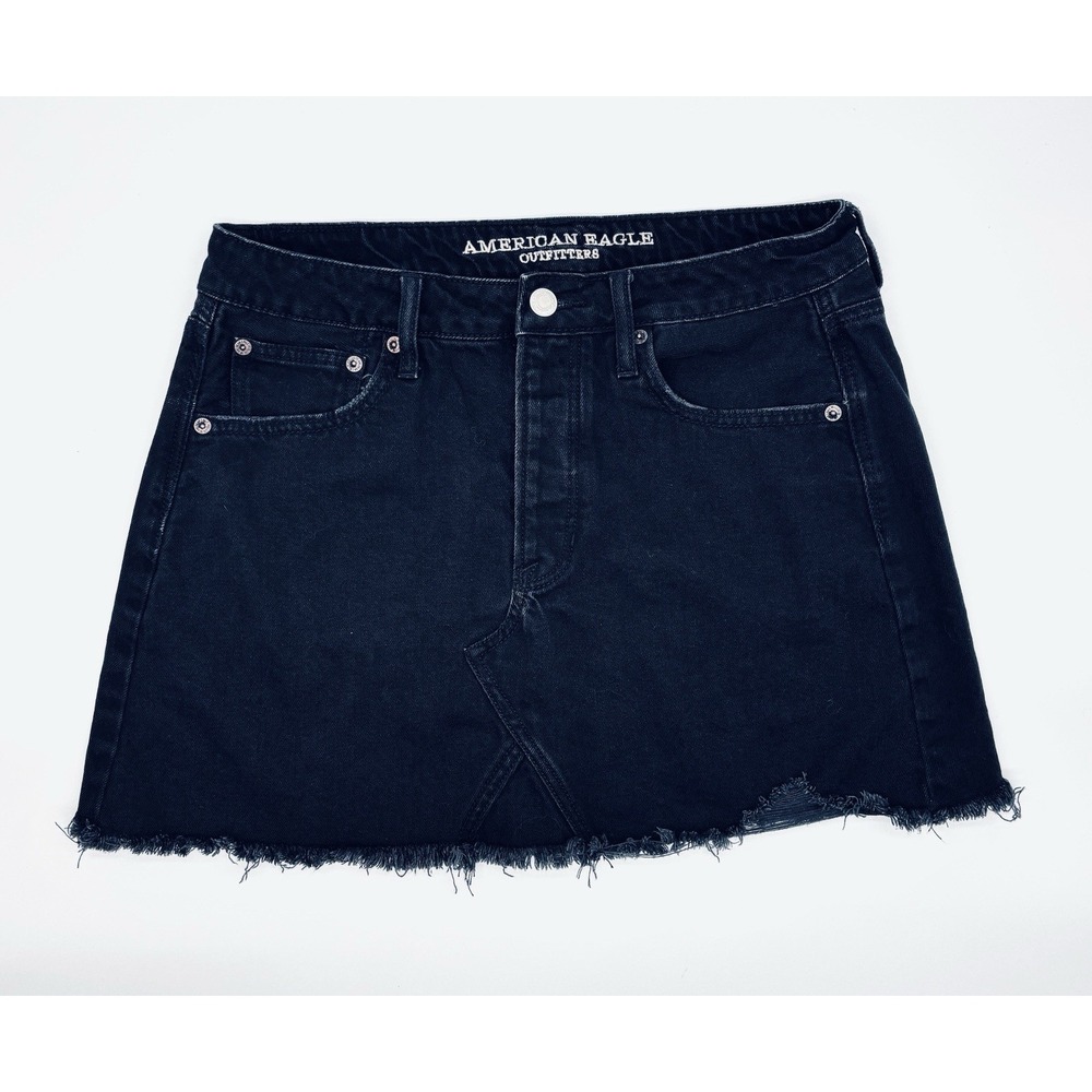American Eagle Black Denim Mini Skirt Raw Hem Button Fly Size 8 Distressed